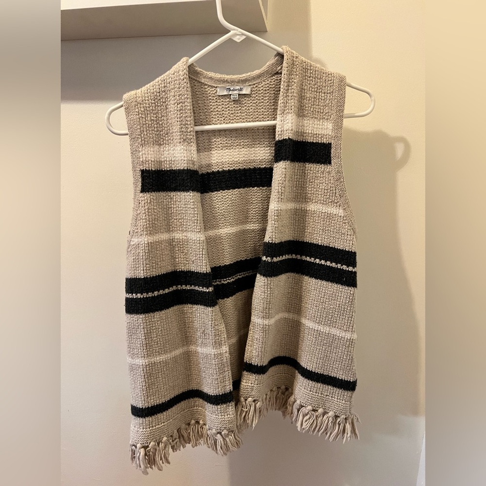 Madewell Womens Size XS/S Coastward Fringe Open Sweater Vest Striped Beige Gray